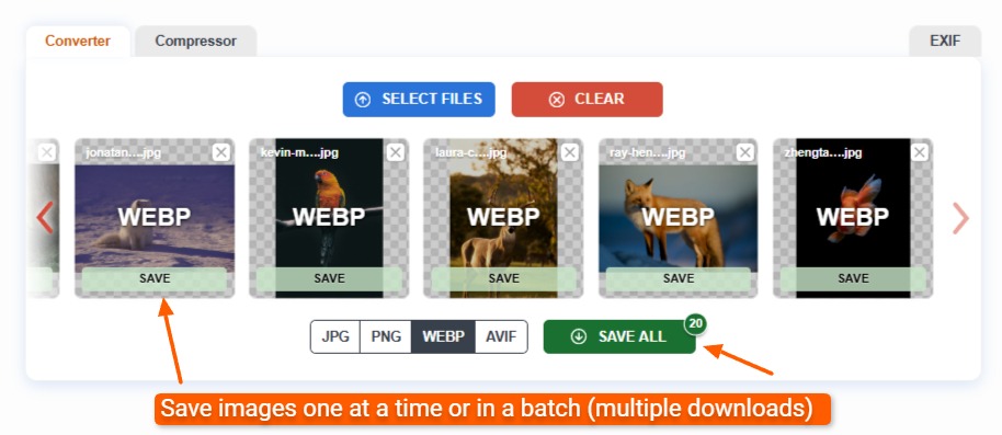 Saving converted images individually or all at once