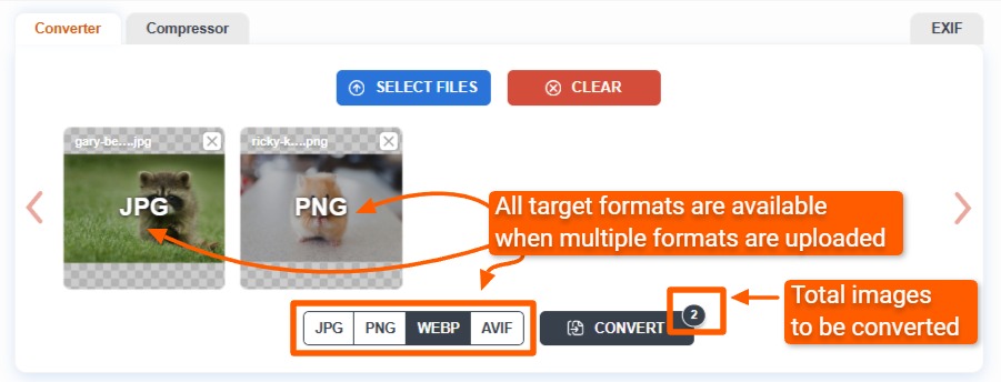 Multiple images with different formats uploaded for conversion